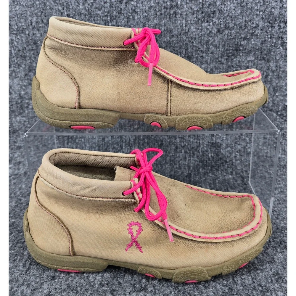 Twisted X Driving Moc Girls 3.5M Tan Pink Breast Cancer Awareness Western School